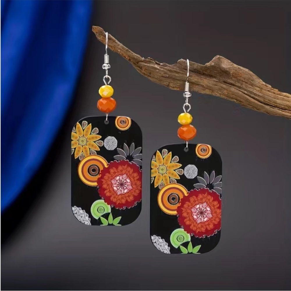 Exquisite Sunflower & Daisy Pattern Dangle Earrings Bohemian Elegant Style Acryl